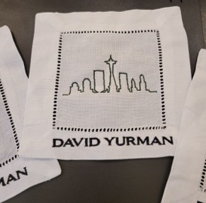 Live Event Embroidery - David Yurman in Nordstrom Bellevue. Personalized cocktail napkins for customers.